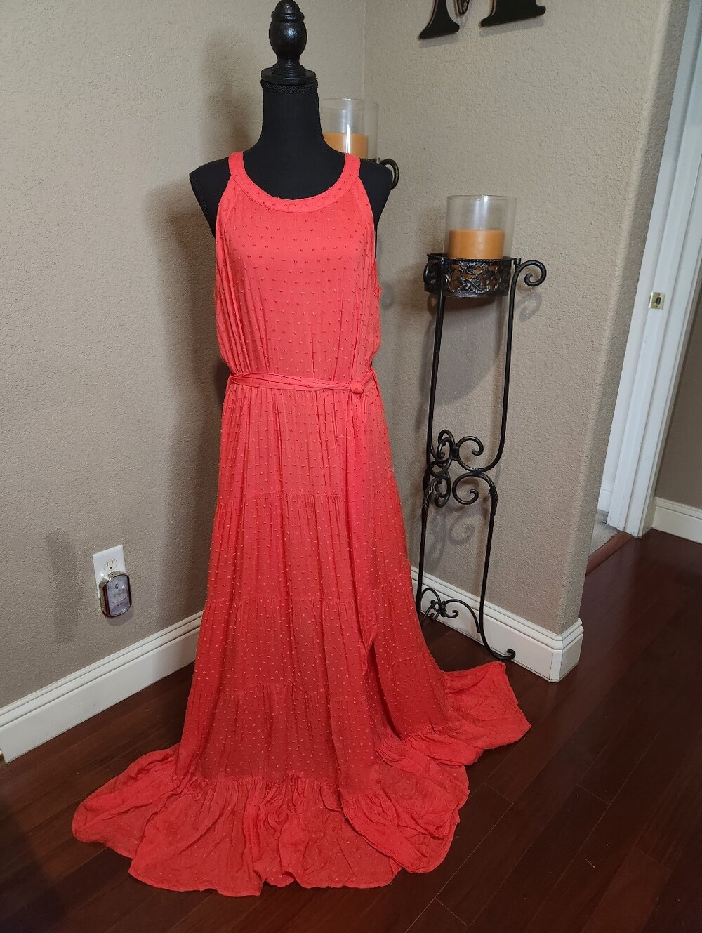 Cotton Bleu Sleeveless Coral Maxi Dress with Textured Dot Detail NWT Suze Large